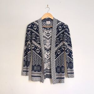 Hippie Rose XS Blue and White Aztec Print Boho Open Front Cardigan